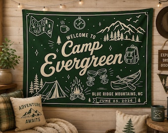Custom Camp Bachelorette Bride Camp Banner Tapestry, Outdoor Bach Party Decor Bridal Camping Trip Photo Backdrop Cabin Bachelorette Idea