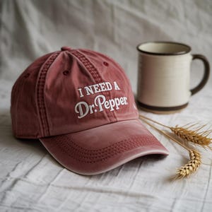 Puede incluir: Gorra de béisbol rosa descolorida con el texto bordado "I NEED A Dr. Pepper" en blanco. Una taza de cerámica con borde y asa marrones está al lado de la gorra. Espigas de trigo se colocan cerca de la taza y la gorra.