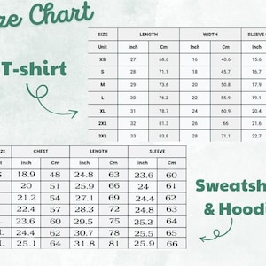 May include: Size chart for t-shirts, sweatshirts, and hoodies. Measurements are in inches and centimeters. Includes chest, length, and sleeve measurements for various sizes, from XS to 3XL.