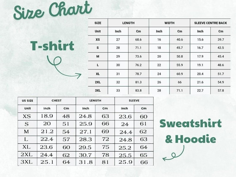 May include: Size chart for t-shirts, sweatshirts, and hoodies. Measurements are in inches and centimeters. Includes chest, length, and sleeve measurements for various sizes, from XS to 3XL.
