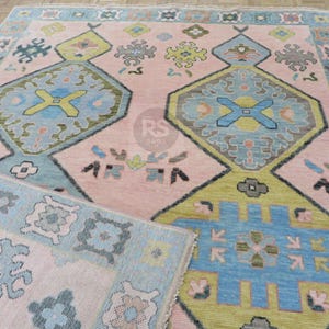 Hand Knotted Wool Oushak Rug: Geometric Pink & Beige, Made to Order