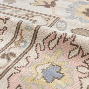 Handmade 9x12 Oushak Rug: Pastel Floral Turkish Wool Carpet