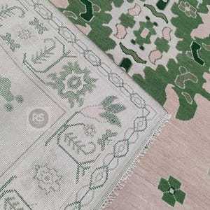 Hand Knotted Oushak Wool Rug: Pink & Green Vintage Turkish Knot