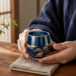 Peut inclure: Une tasse à thé en céramique arrondie avec un vernis bleu marine profond, ornée d'une illustration paysagère dorée détaillée représentant des arbres et des montagnes autour de la base. L'intérieur est bleu clair et contient un liquide brun chaud.