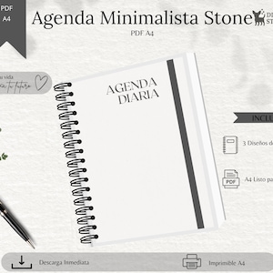 Puede incluir: Una agenda diaria A4 de espiral con cubierta blanca y el texto AGENDA DIARIA en negro. La agenda incluye una franja vertical negra en el lado derecho. Un bolígrafo negro se sitúa a la izquierda. La imagen contiene texto, incluyendo Agenda Minimalista Stone, PDF A4, 3 Diseños de portada, A4 Listo para imprimir y Descarga Inmediata.