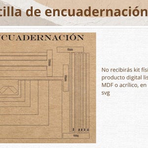 以下が含まれることがあります： 茶色のデジタル製本テンプレート。キットのコンポーネントの詳細なアウトラインが特徴です。「KIT ENCUADERNACIÓN」とスペイン語の説明が含まれています。Digital Store Zのロゴが右上隅にあります。
