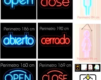 Archivo digital para Neon SVG, PDF, acrilico para laser, led digital, señales, abierto, cerrado, open, close, baño dama-caballero