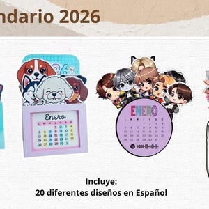 Puede incluir: Varios calendarios de 2026 con diversos diseños. Los calendarios presentan animales de dibujos animados, personajes de anime y un arreglo floral en un tarro. El texto "Enero" y "Hola Enero" son visibles.