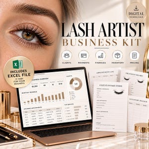 May include: A digital business kit for lash artists featuring a laptop displaying a business dashboard, printed forms including a client intake form, appointment log, treatment record, and inventory tracker, with text reading LASH ARTIST BUSINESS KIT.