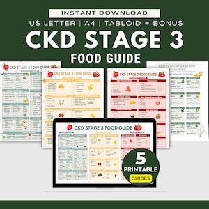 Könnte beinhalten: Eine digitale Sammlung von fünf druckbaren Ernährungsratgebern für CKD Stadium 3, die auf einem Bildschirm und als einzelne Dokumente angezeigt werden. Die Ratgeber enthalten Tabellen, Listen und Illustrationen von Tomaten.