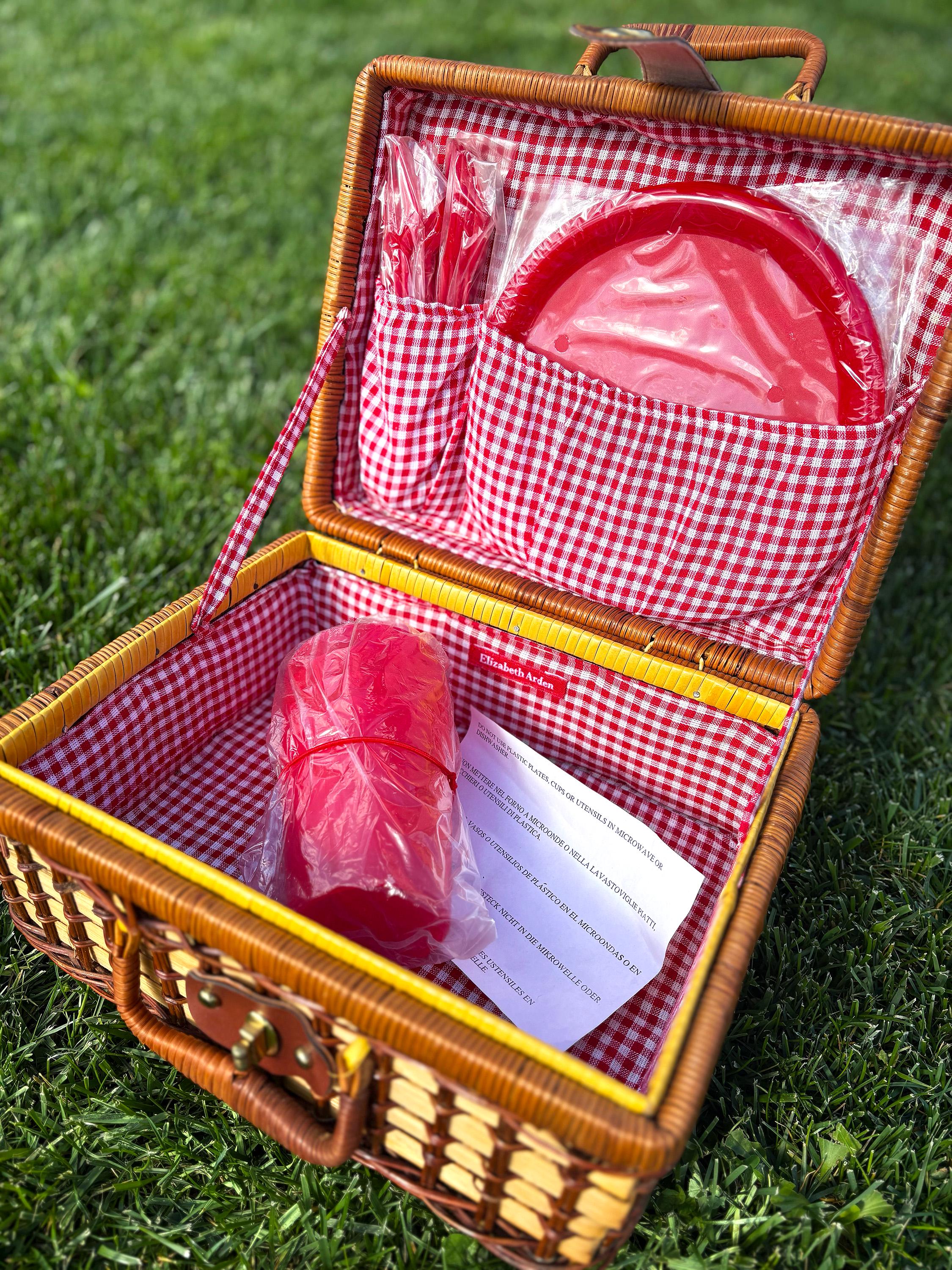 Vintage Elizabeth Arden Picnic Basket Set – Wicker Hamper With Red