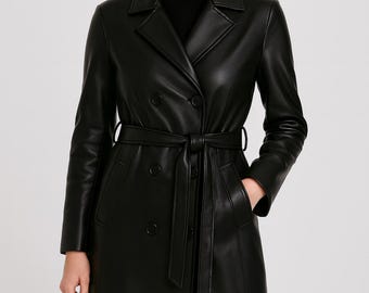 Black Lambskin Leather Trench Coat – Double-Breasted Belted Jacket
