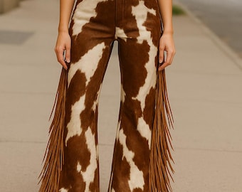Hair-On Cowhide Leather Fringe Flare Pants | Handmade Boho Western