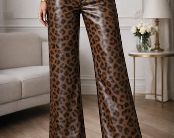 Pantalones anchos con estampado de leopardo marrón / Pantalones de fiesta llamativos de talle alto