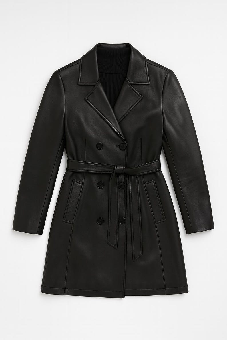 May include: A black, double-breasted trench coat with a notched collar and a matching belt. The coat features a sleek, minimalist design with a tailored fit. The coat is made of a smooth, leather-like material.