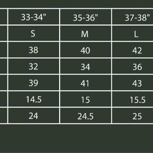 May include: A size chart for jackets, with measurements in inches. The chart includes body chest, jacket size, jacket bust, waist, hip, shoulder, and sleeve measurements, ranging from XXS to 3XL.