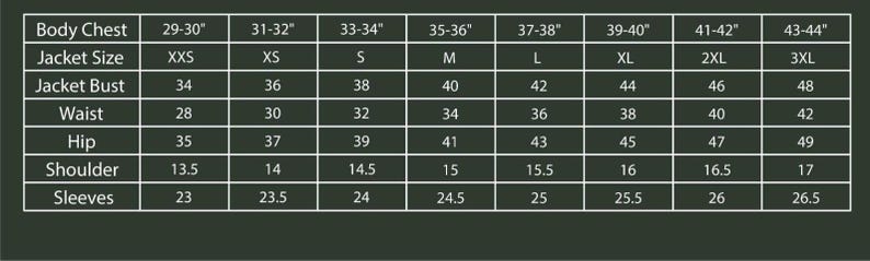 May include: A size chart for jackets, with measurements in inches. The chart includes body chest, jacket size, jacket bust, waist, hip, shoulder, and sleeve measurements, ranging from XXS to 3XL.