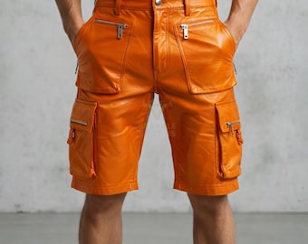 Orangea lammskinnsshorts för män | Cargo-shorts med dragkedja | Djärv streetwear