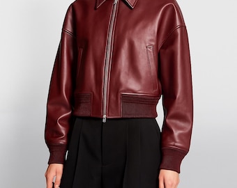 Burgundy Leather Bomber Jacket | Women's Cropped, Zip-Up Outerwear