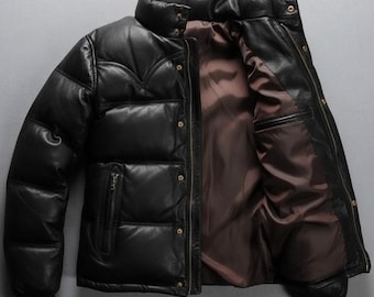 Men’s Black Genuine Leather Puffer Jacket – Warm Quilted Winter Coat | Handmade Outerwear with Zipper Closure | Luxury Padded Jacket for Men
