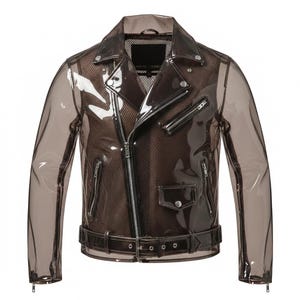 May include: A transparent, smoky-gray motorcycle jacket with a classic asymmetrical zipper closure. The jacket features a notched collar, multiple zippered pockets, and a belt at the waist. The interior has a mesh lining.