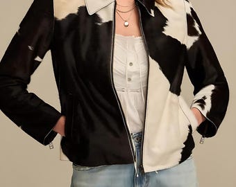 Handmade Cowhide Leather Biker Jacket – Black and White Hair-On Hide