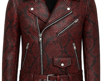 Blouson motard en cuir de vachette rouge à motif serpent - Blouson moto pour homme