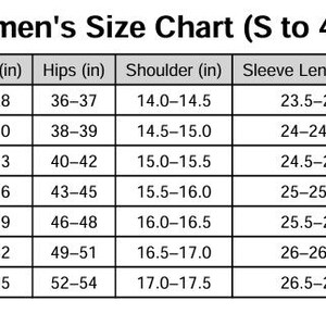 May include: A white size chart for women's clothing, labeled "Women's Size Chart (S to 4XL)". The chart includes measurements for chest, waist, hips, shoulder, sleeve length, and back length in inches, ranging from size S to 4XL.