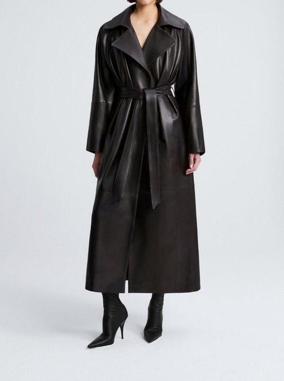 Handmade Lambskin Black Leather Trench Coat: Women's Long Belted