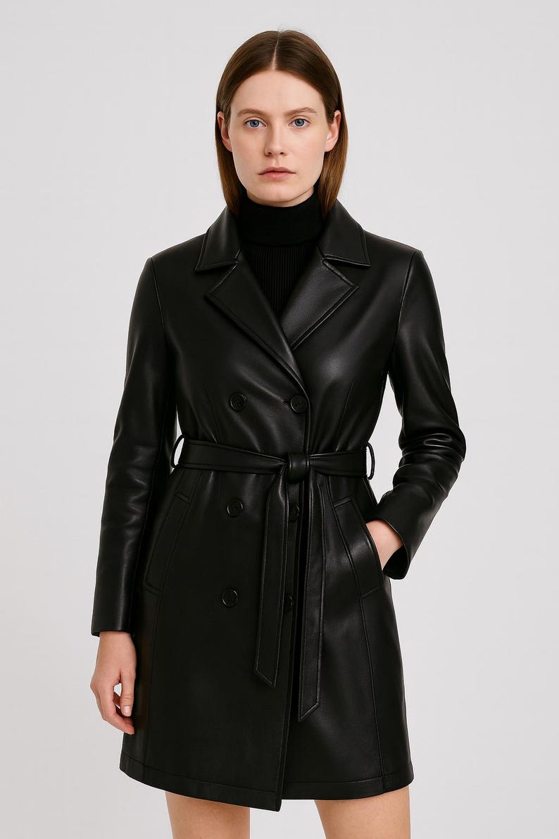 May include: A black, double-breasted trench coat with a belt. The coat features a notched collar, long sleeves, and pockets. The model is wearing a black turtleneck underneath. The coat is made of a smooth, leather-like material.