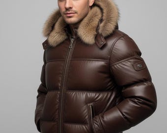 Men's Brown Lambskin Leather Puffer Jacket | Fur Hood Bomber Coat