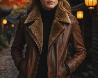 Cappotto in montone di agnello marrone da donna – Giacca invernale in pelle