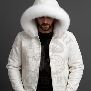 May include: A white, quilted jacket with a fur-lined hood. The jacket has a zipper closure and ribbed cuffs. The hood is large and covers the head. The jacket appears to be made of a textured material. The person in the image is wearing a black shirt.