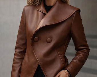 Brown Leather Peacoat for Women – Asymmetrical Double Breasted Leather Coat – Elegant Genuine Leather Jacket – Handmade Women’s Leather Coat