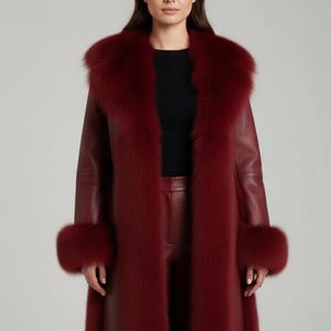 Burgundy Lambskin Leather Trench Coat | Faux Fur Collar Winter Overcoat