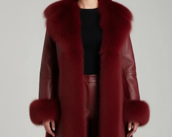 Trench in pelle di agnello bordeaux / Cappotto invernale con collo in pelliccia sintetica