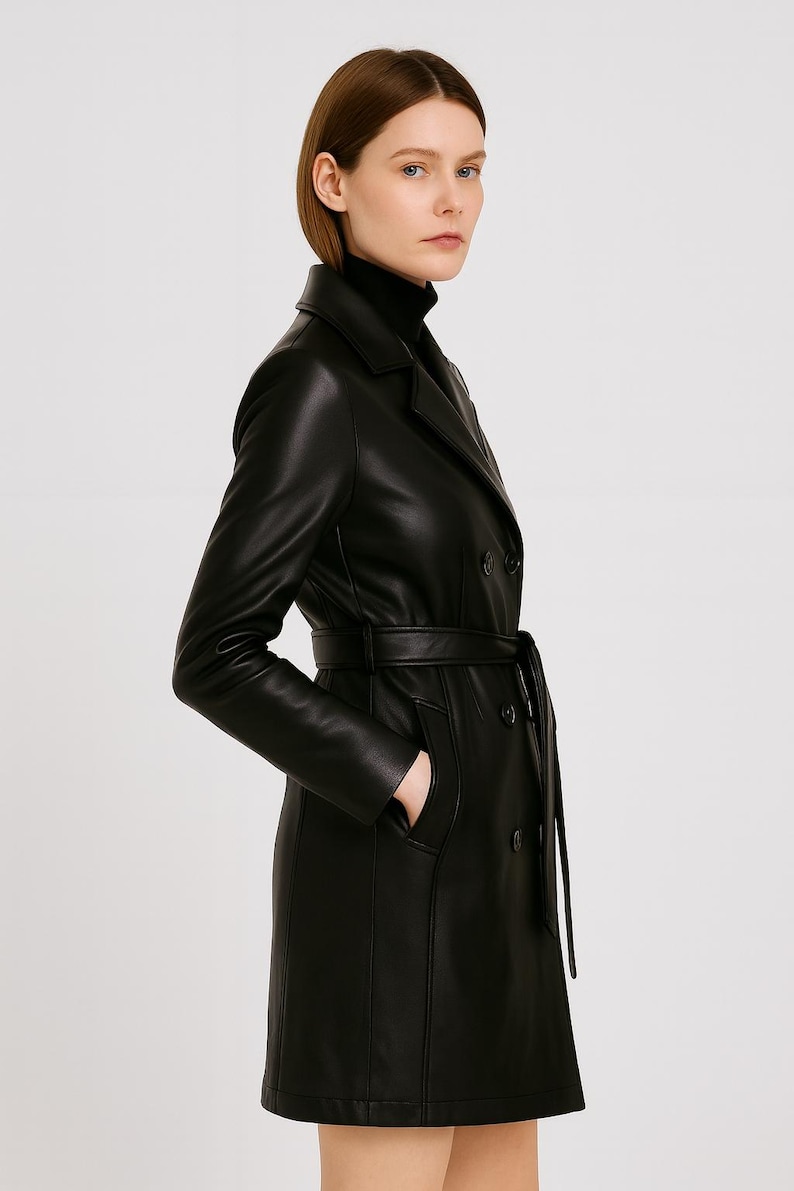 May include: A black leather trench coat with a double-breasted design and a matching belt. The coat features a classic collar, long sleeves, and pockets. The model is wearing a black turtleneck.