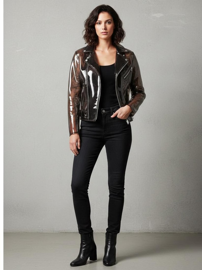 May include: A transparent black motorcycle jacket with a classic design, worn over a black top and paired with black jeans and boots. The jacket features a notched collar, zipper details, and a fitted silhouette.