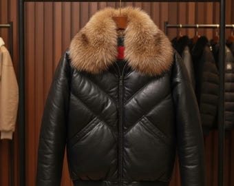 Men Original Lambskin Leather Quilted Puffer Jacket- Fur Collar-Winter Luxury Coat