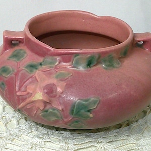 PRICE DROP! Small Vintage Roseville Columbine Jardiniere Pottery Planter; Pink & Green circa 1940's