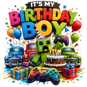 Best Seller Birthday Boy Gaming Party PNG, Colorful 3D Birthday Design with Retro Cars, Cake, Balloons & Gift Clipart