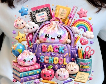 May include: A white sweatshirt featuring a colorful graphic of a purple backpack, smiling dumplings, books, a globe, and school supplies. The text reads "BACK TO SCHOOL," "DREAM LEARN SHINE," "BE KIND," "BE BRAVE," "BE YOU," "YOU GOT THIS," and "SMART STRONG AMAZING."