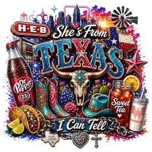 Peut inclure: Un design graphique vibrant avec le texte She's From TEXAS I Can Tell, une bouteille de Dr Pepper, des tacos, un crâne de vache, des bottes de cow-boy, un chapeau turquoise, un pot de thé glacé, un gobelet Whataburger, un drapeau du Texas et un moulin.