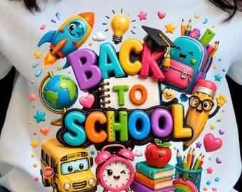 May include: A white sweatshirt featuring a colorful graphic with the text BACK TO SCHOOL. The design includes a rocket, lightbulb, graduation cap, backpack, globe, pencil, school bus, alarm clock, apple, books, and rainbow, all with faces.