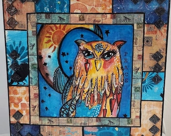 Original Mixed Media Art Collage--Art Print--Original Art--Painted Paper Collage--Owl Love--10 x 10 Wall Decor--Diane Salter Artist