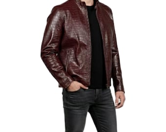 Crocodile Emboosed Mens Leather Jacket, Real Leather Handmade Biker Jacket, Alligator Print Cafe Racer Leather Maroon Jacket For Men