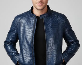 Crocodile Leather Men Jacket, Real Leather Crocodile Embossed Jacket, Alligator Moto Mens Biker Jacket Blue Leather Crocodile Print Jacket