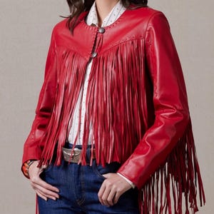 Red Fringed Leather Jacket, Western Style Genuine Leather Women Motorcycle Jacket, Cow Girl Fringe Leather Jacket Gift For Her