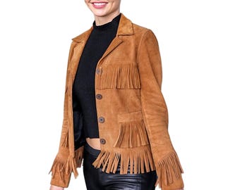 Bruin leren jack met franjes, echt leren dames motorjas westerse stijl, leren jack cowgirl franje, robuust leren jack