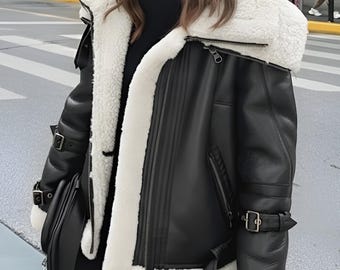 Shearling Leather Jacket, Aviator Faux Fur Women Leather Jacket, B3 Bomber Leather Fur Women Brown Jacket Pilot Real Leather Handmade Jacket